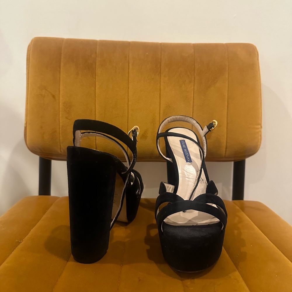 Stuart Weitzman platform strappy black velvet Heel. Size 9 1/2!